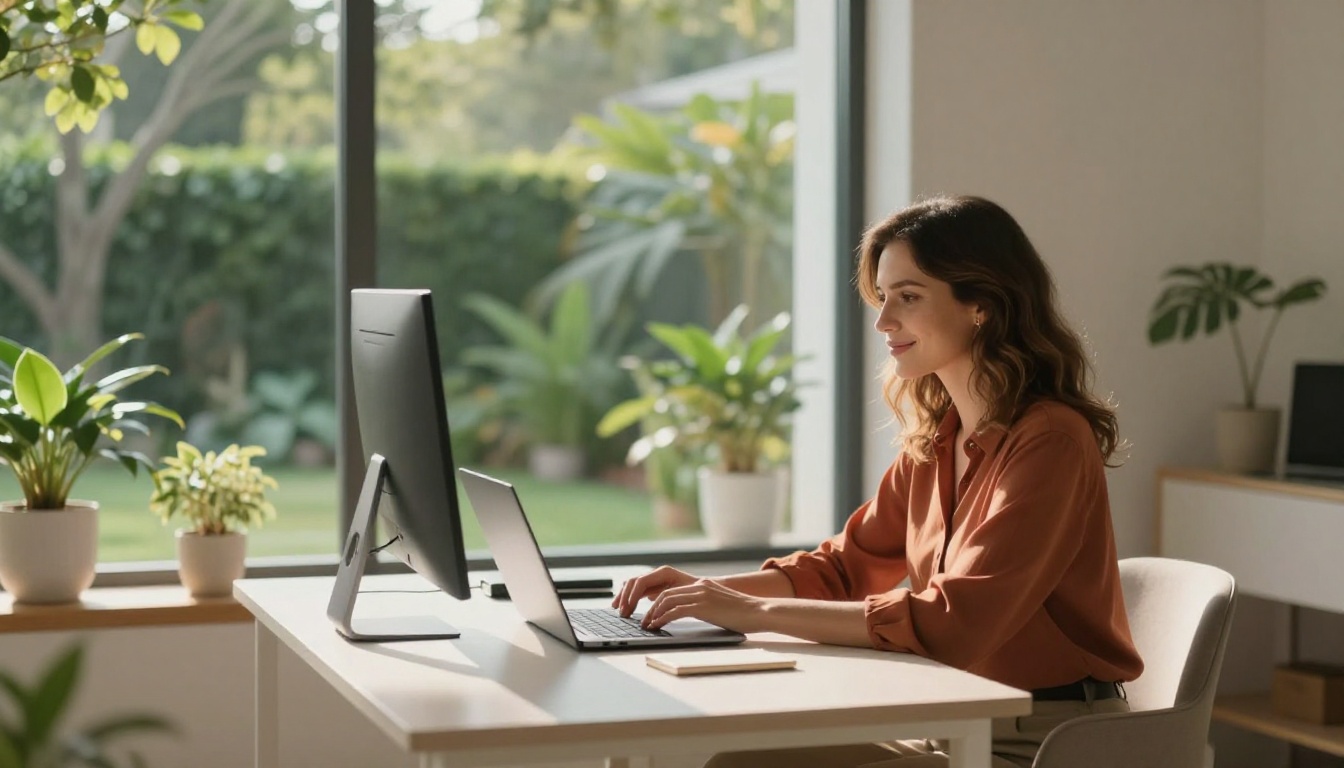 Woman in bright modern home office looking confidently at monitor in morning light