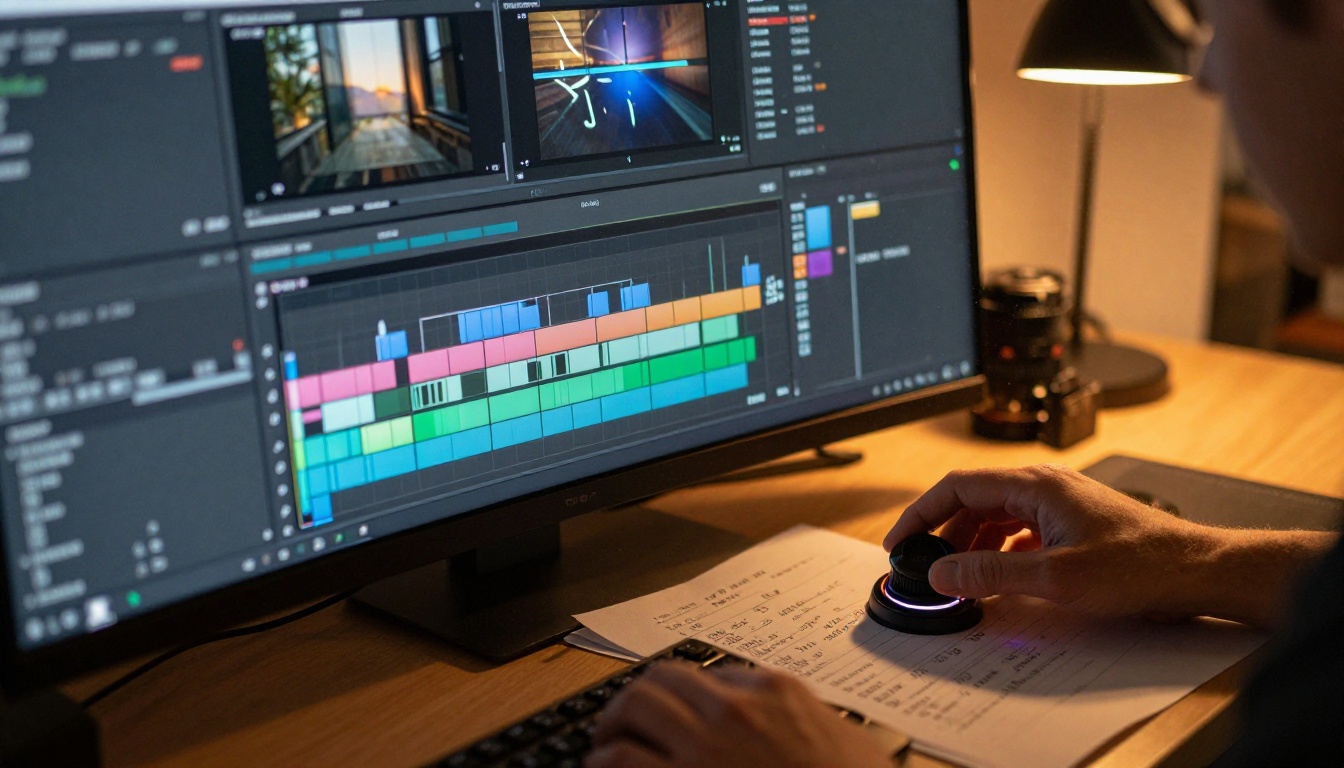 Video editing workstation with colorful timeline and motion keyframes