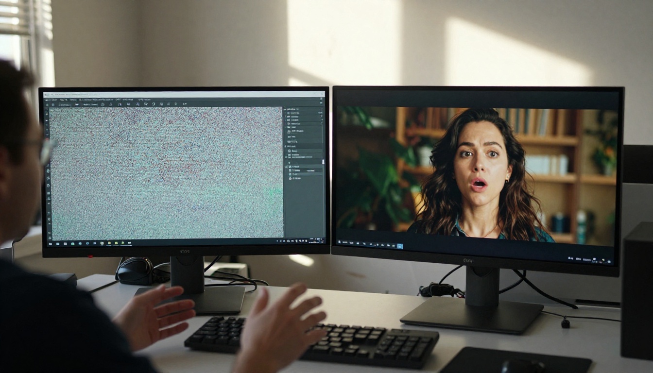 Two monitors showing video quality comparison between old and new AI output