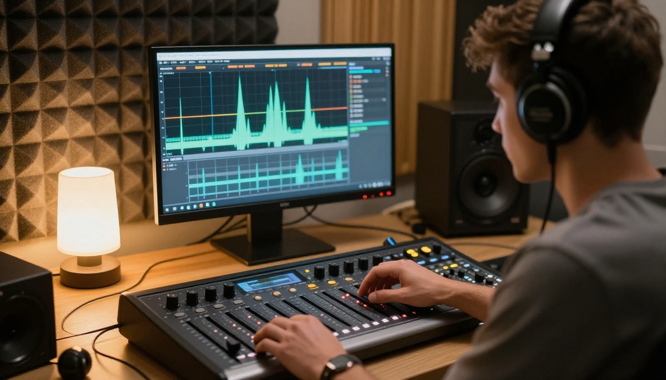 Audio mixing workstation with waveform display synchronized to video playback