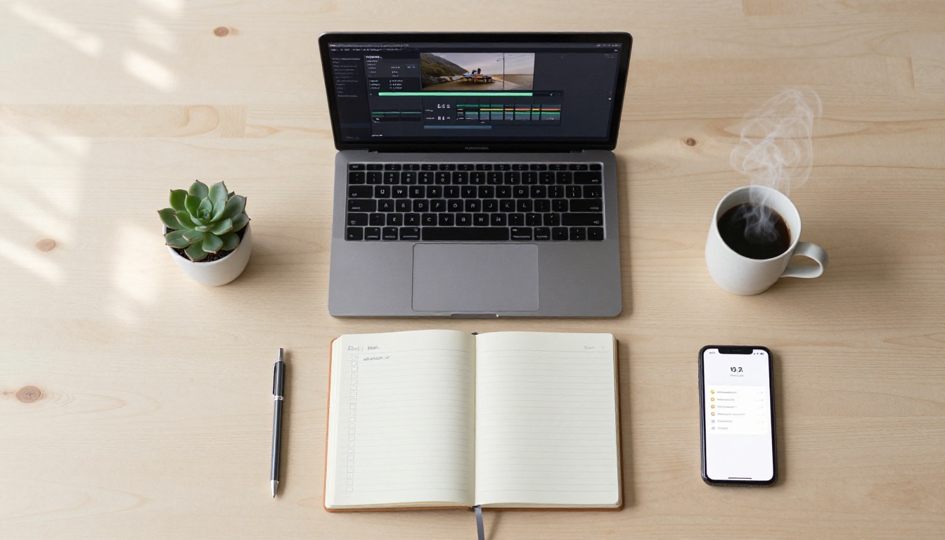 Flat lay of a creative workspace with laptop showing 100% export progress and a handwritten content schedule