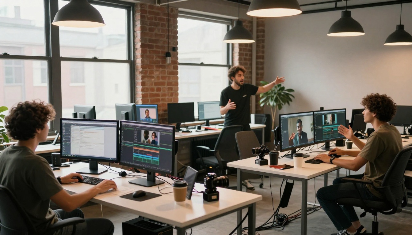 Wide shot of a modern content creator studio with three separate workstations in use