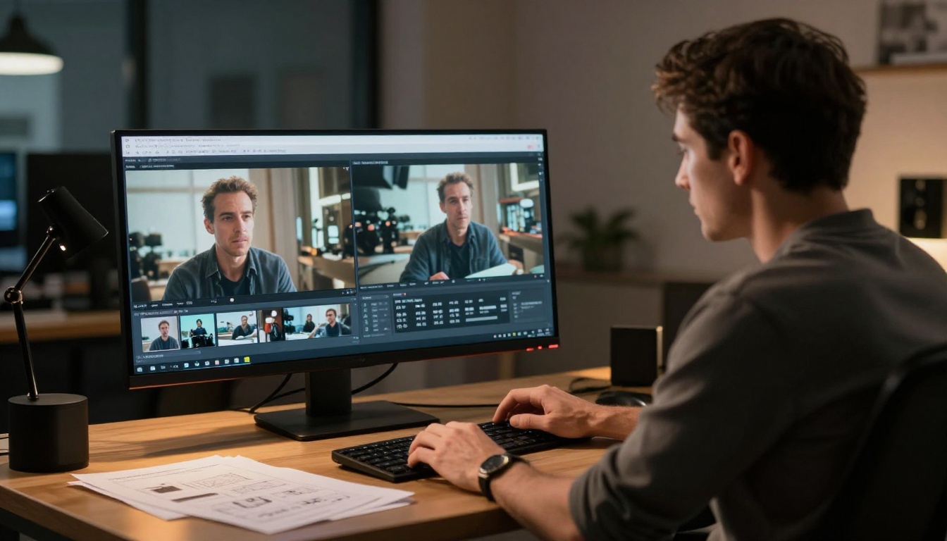 Two professional video editing workstations side by side in a modern studio, comparing different video outputs on dual monitors with cinematic warm and cool lighting