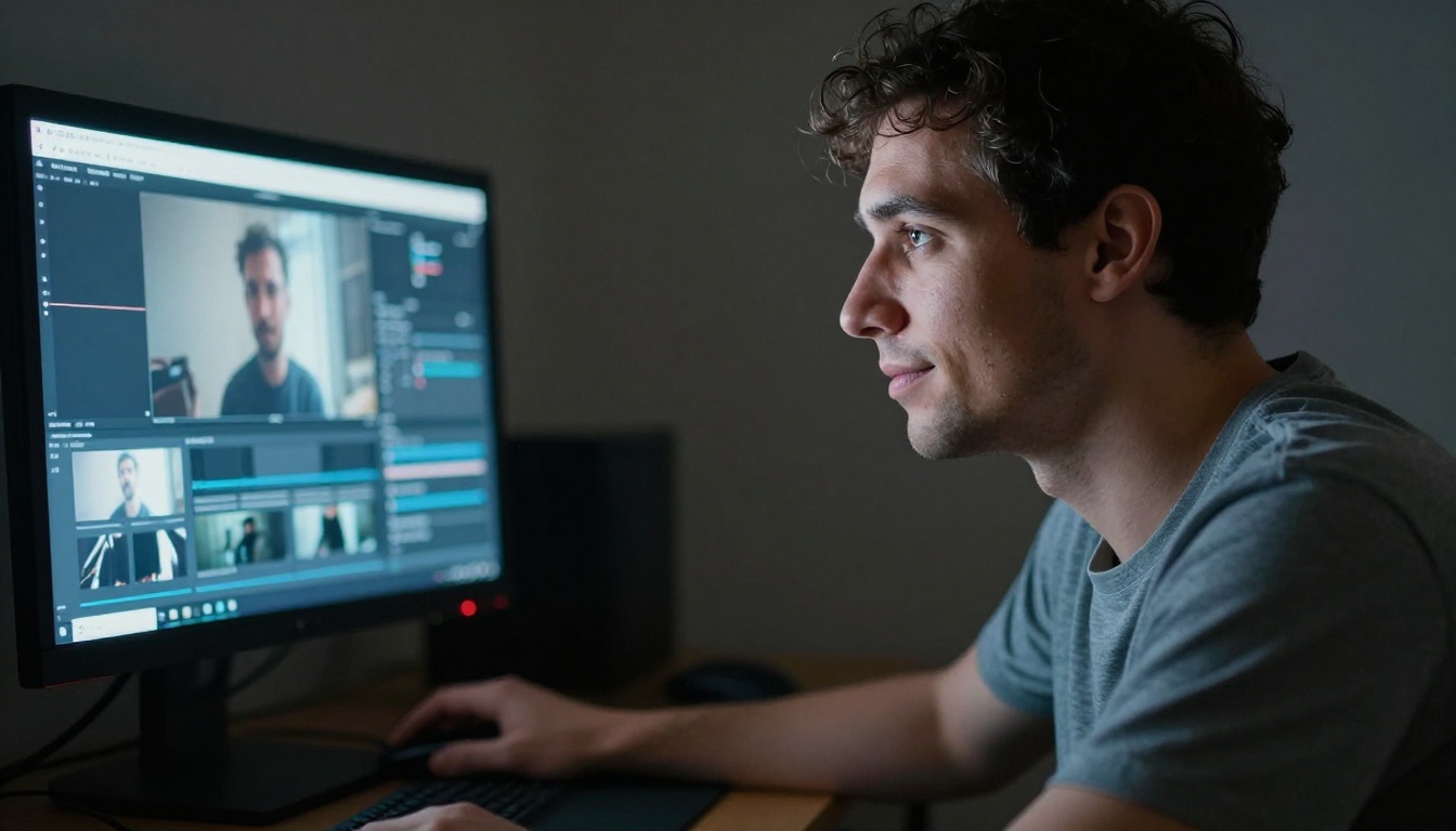 Close-up portrait of a focused male creator reviewing video output by screen glow in a dark room