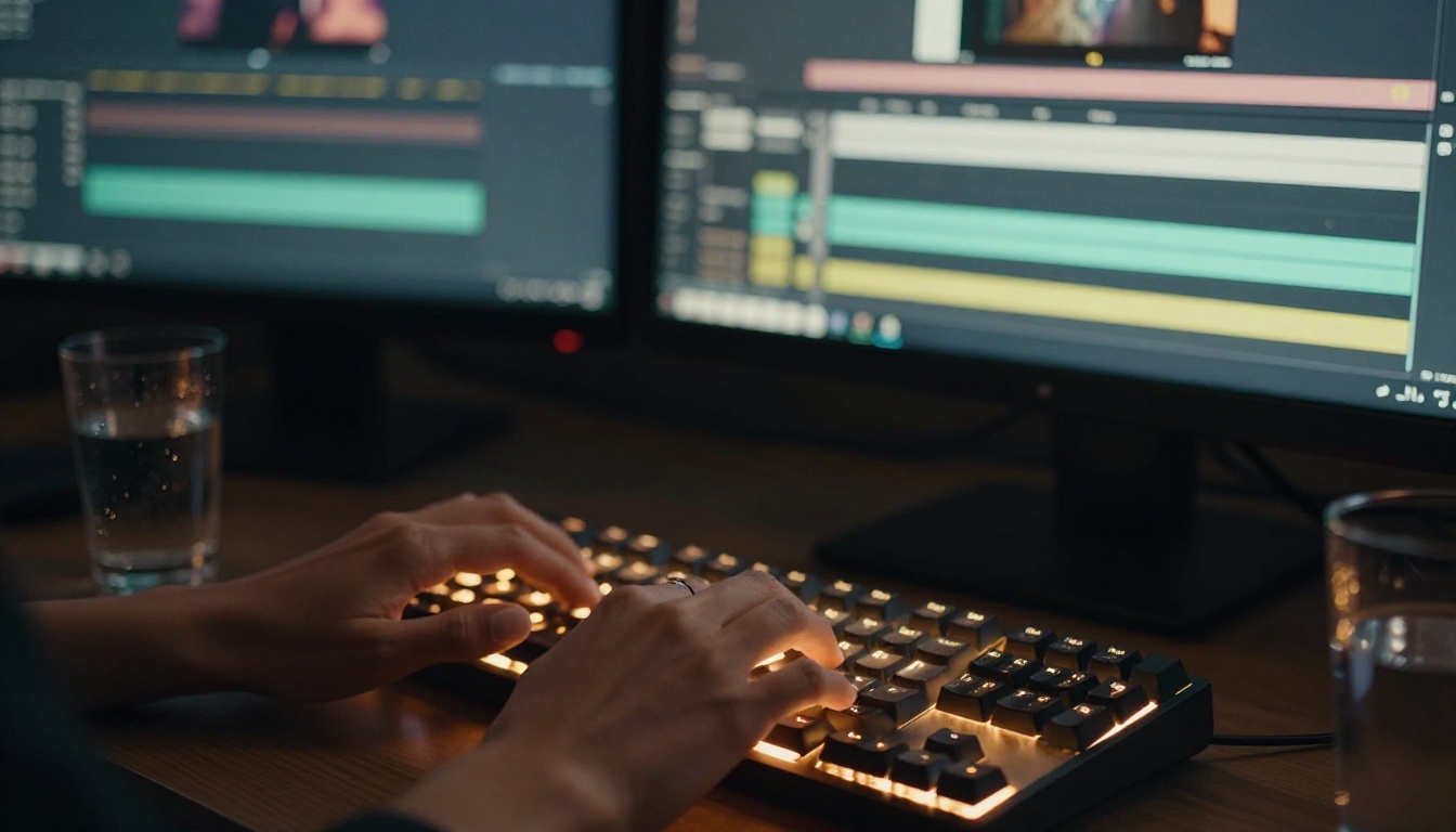 Close-up of creative hands on mechanical keyboard in editing suite with warm screen glow reflecting on fingertips, shallow depth of field