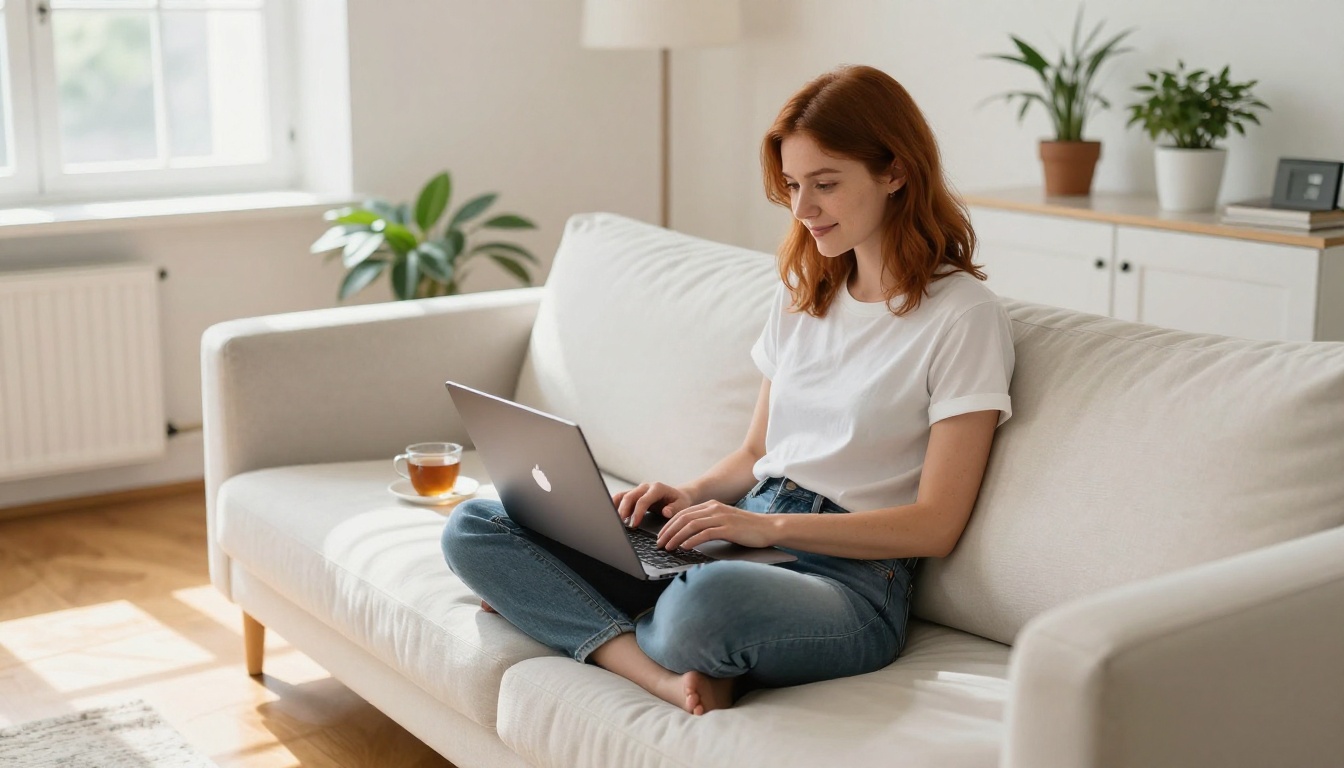 Casual female creator typing quickly on a laptop with a smile, working from a bright modern living room