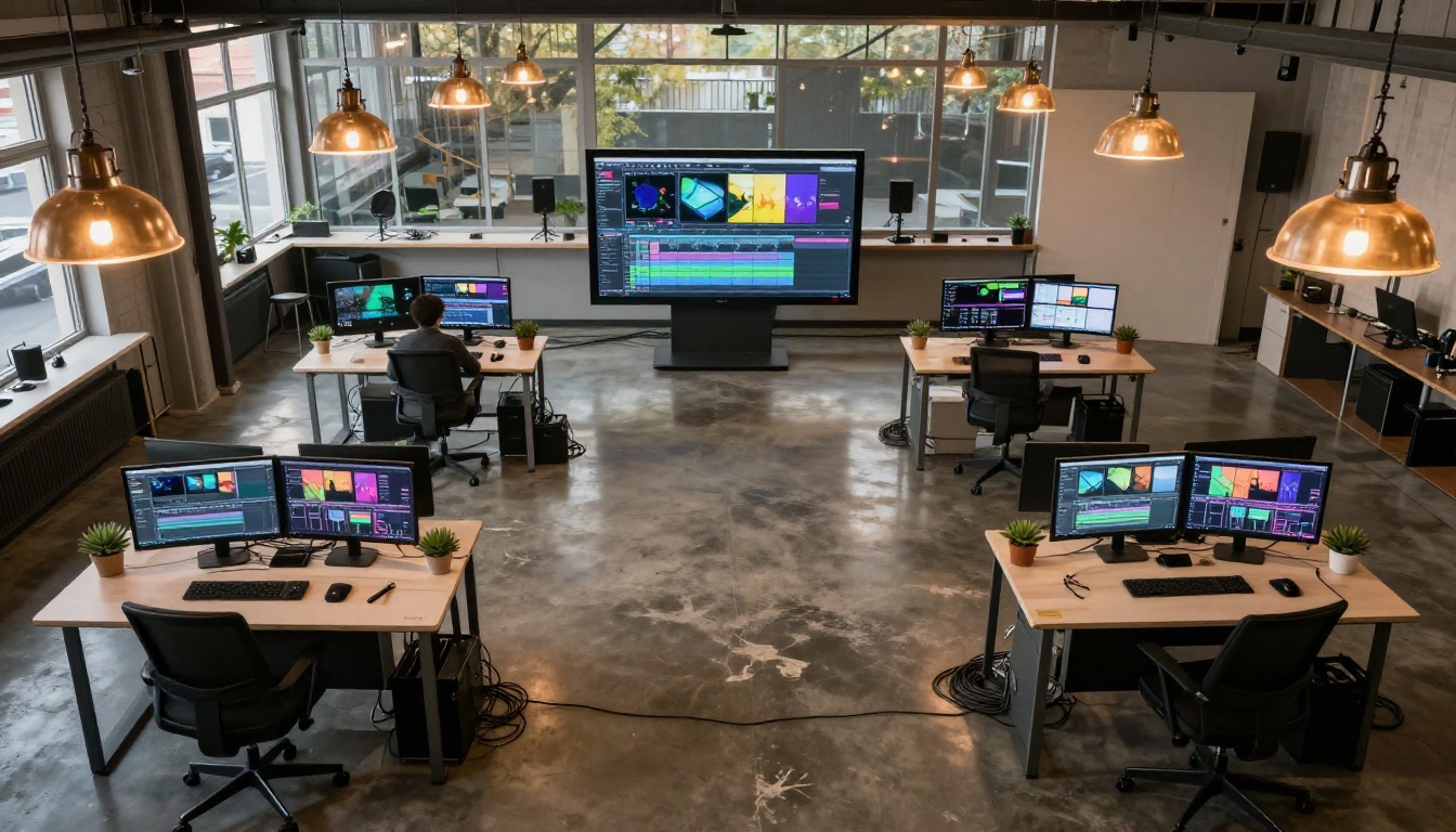 Aerial overhead view of a professional video editing studio with multiple workstations and dual monitors showing colorful timelines, warm industrial lighting