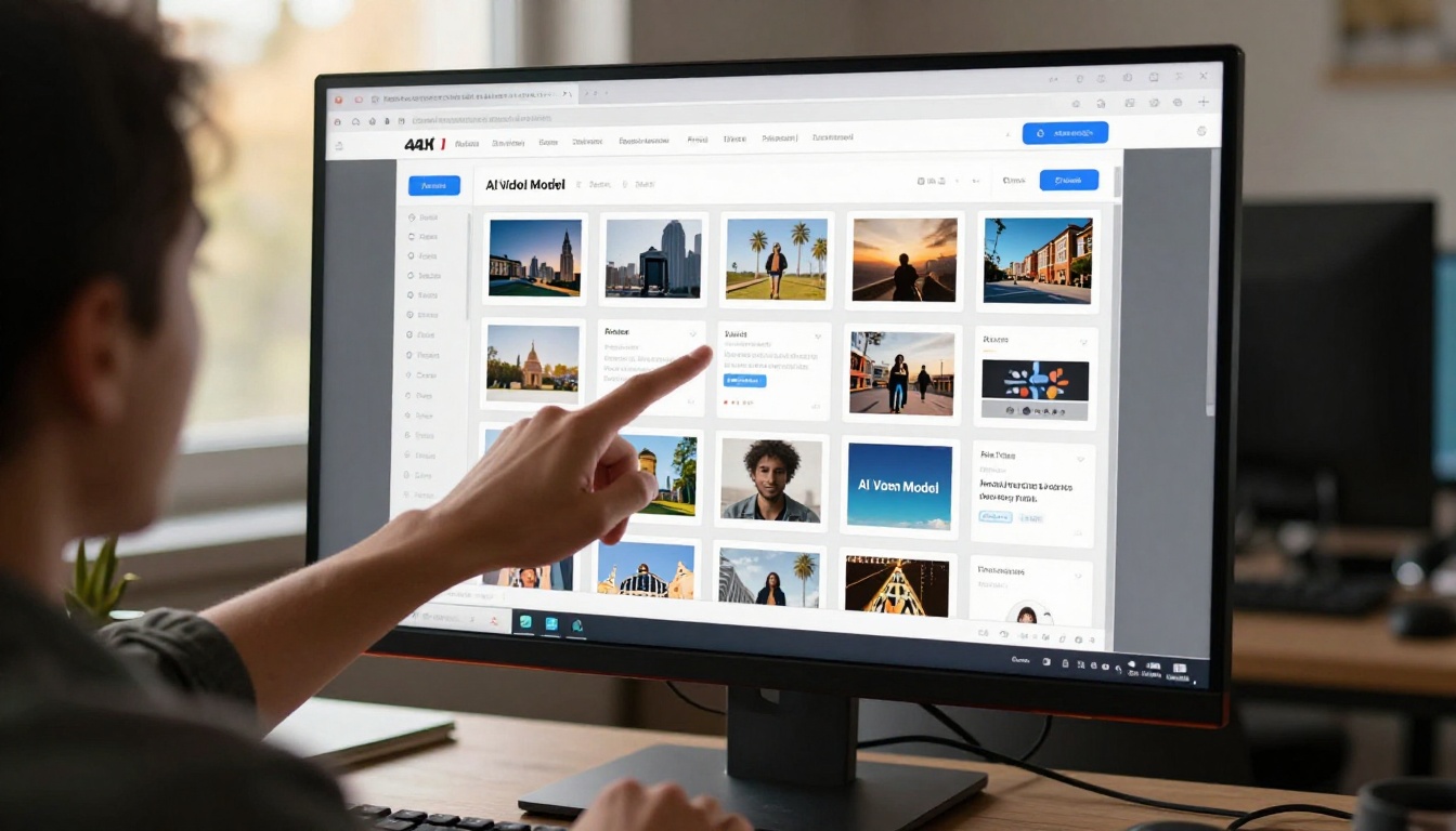 Creator selecting a video model on a large 4K monitor with model cards displayed in a clean grid