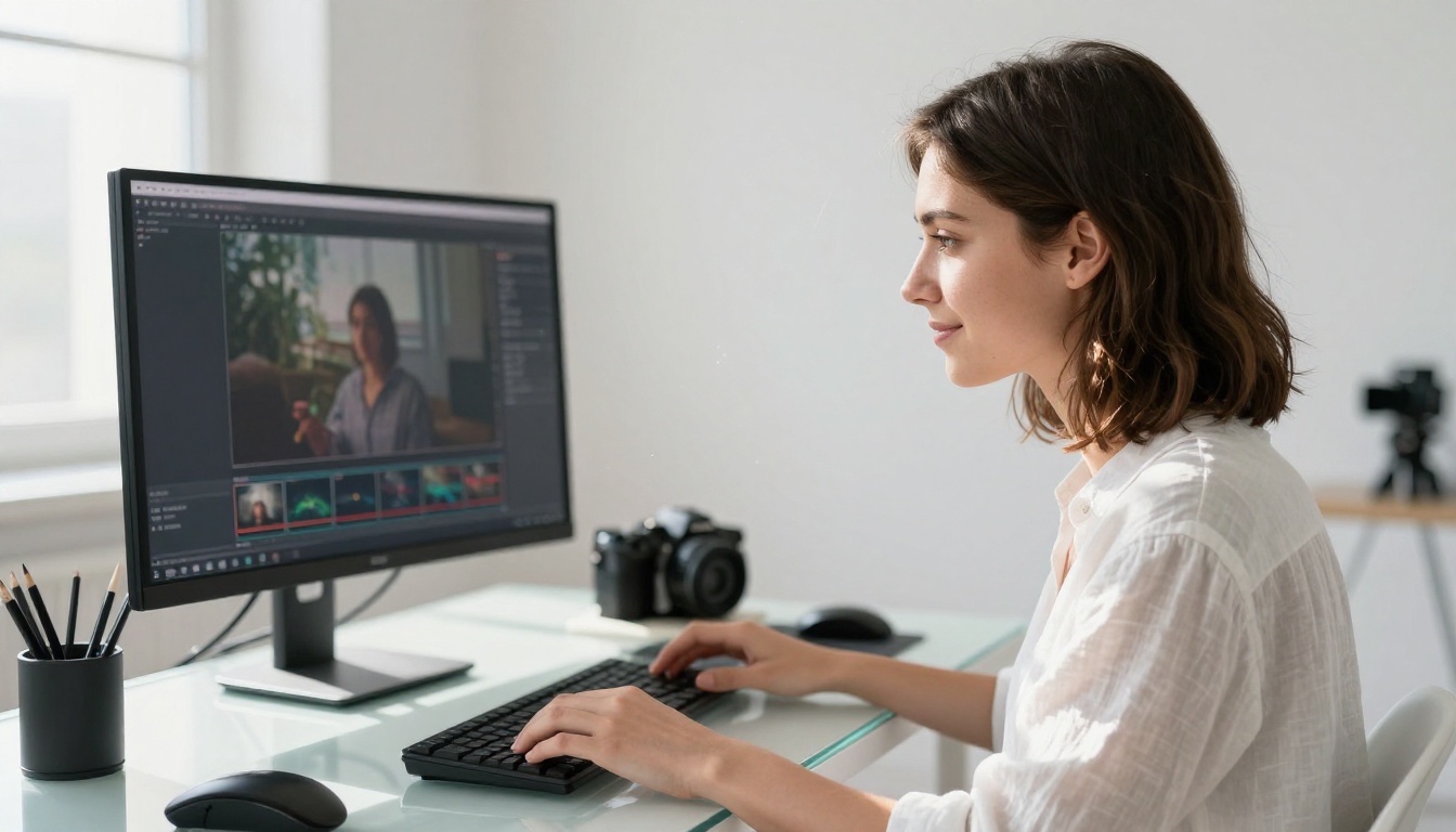 Portrait of a young filmmaker in white studio reviewing video playback, strong side window light creating angular shadows, natural bokeh background