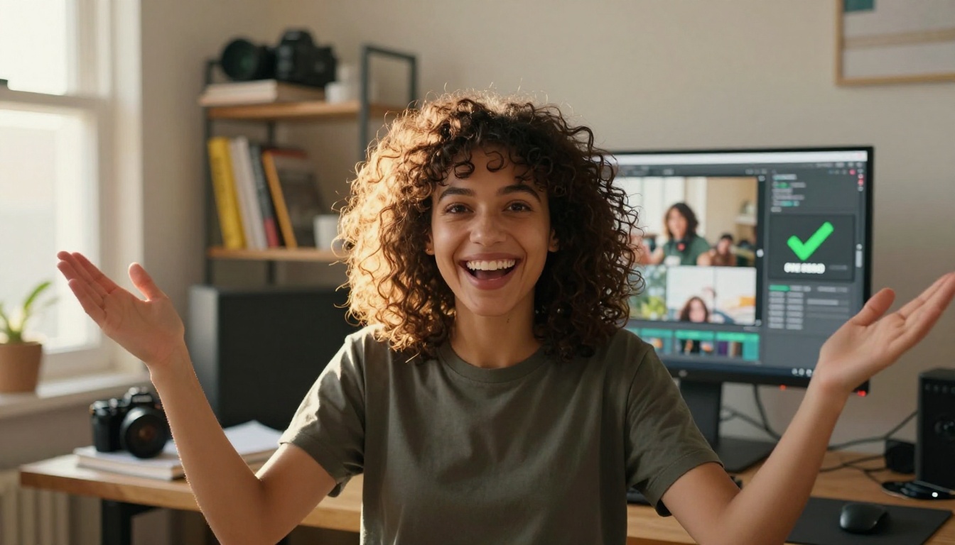 Young female content creator with natural curly hair celebrating a completed video project in her warm studio