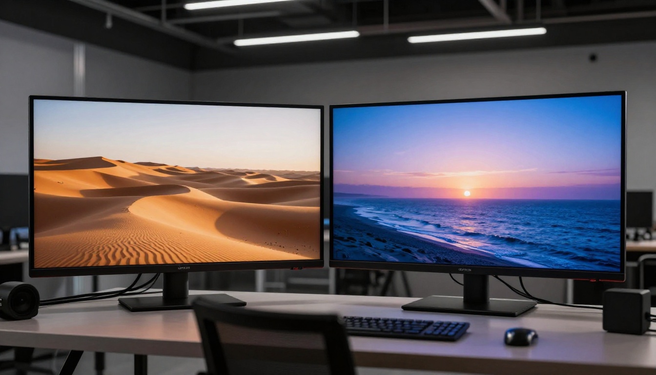Two professional video monitors on studio wall side by side showing contrasting video styles, warm desert footage versus cool ethereal ocean footage, dramatic track lighting above