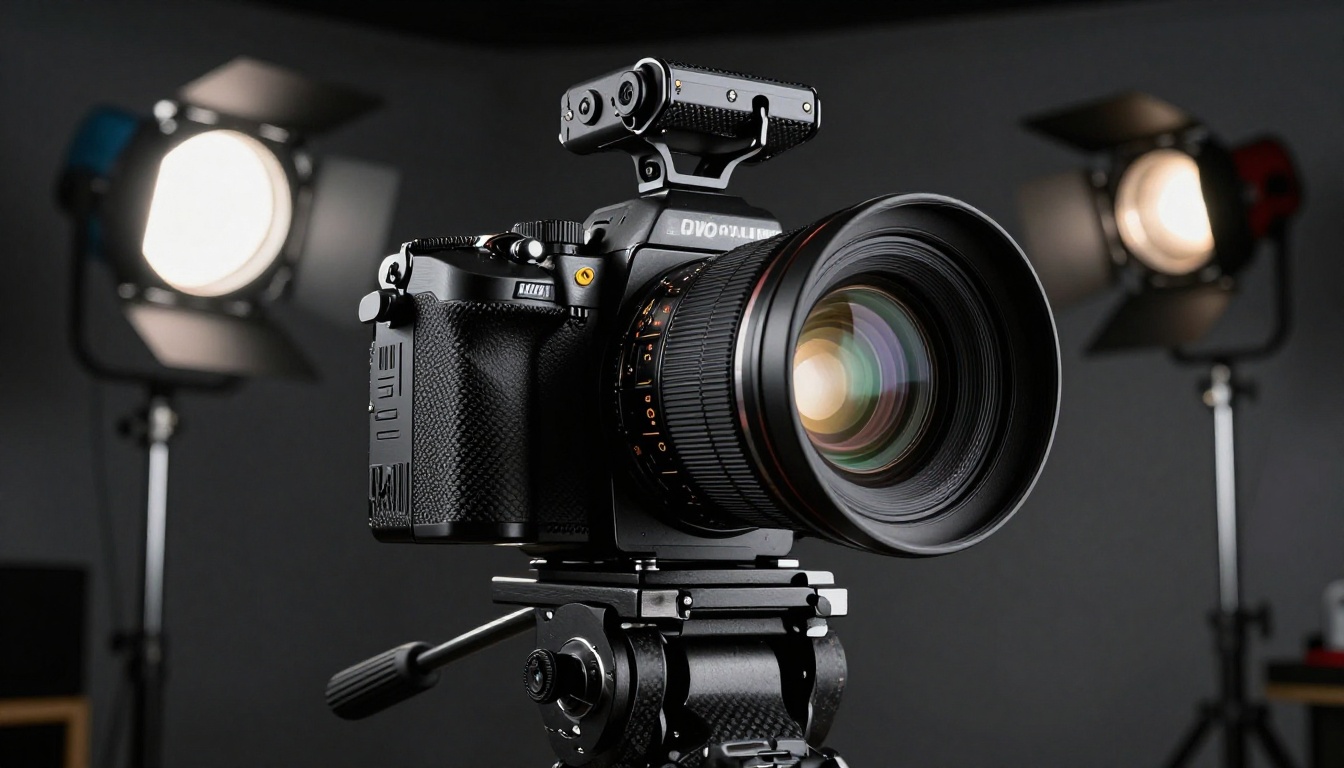 Low-angle dramatic shot of a professional cinema camera on carbon fiber tripod in a dark studio, single overhead spotlight, film noir dramatic composition