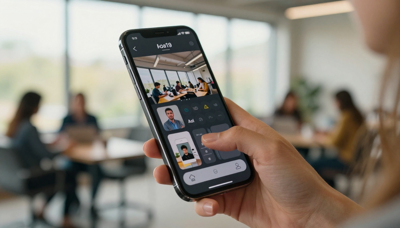 A smartphone displaying an AI video interface with creative workflow in a bright coworking space