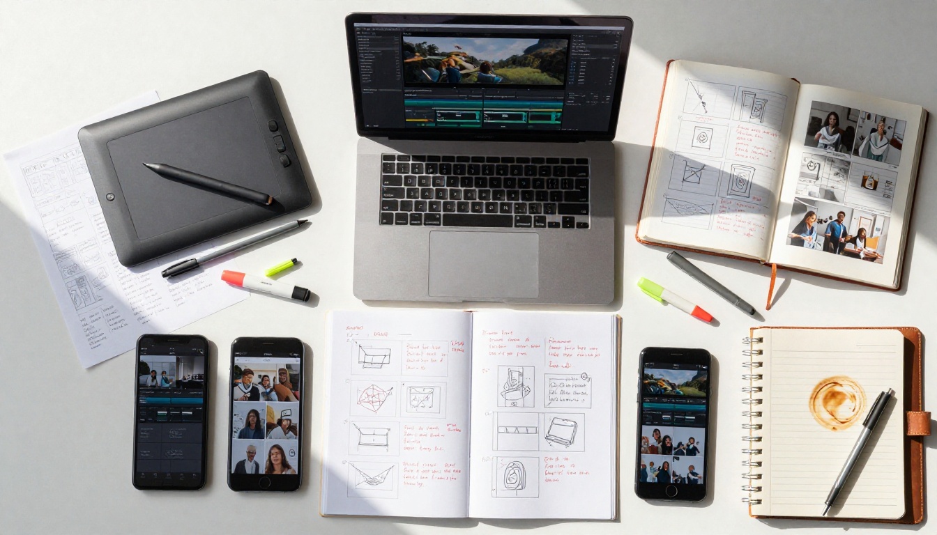 Overhead flat lay of a creative director's desk with printed storyboards, drawing tablet, open laptop showing video timeline, and scattered colored markers in crisp morning light