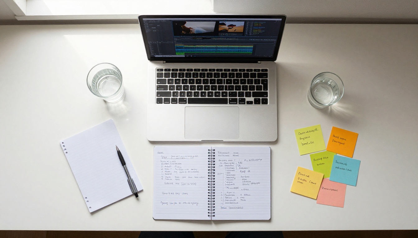 An overhead flat-lay of a creative desk workspace with video scripts, sticky notes, and prompt ideas