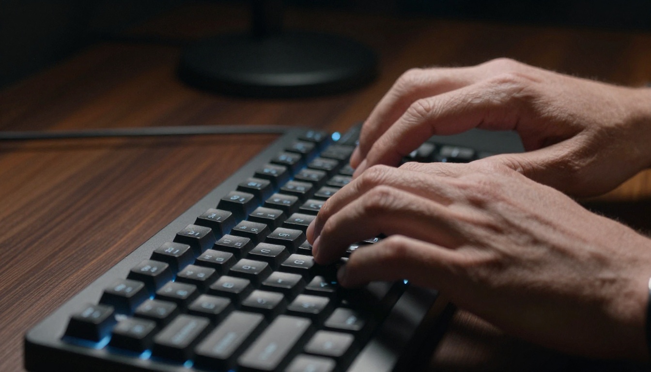 Close-up of hands typing a detailed prompt on a backlit mechanical keyboard in a moody workspace