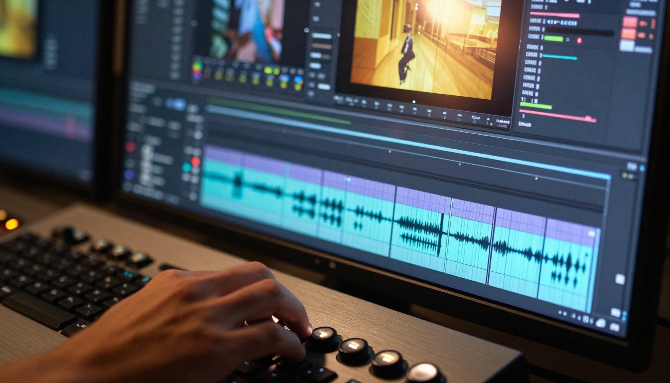 Close-up of a professional video editing timeline on ultrawide monitor with color grading panel, filmmaker's hand on jog wheel, warm tungsten side lamp