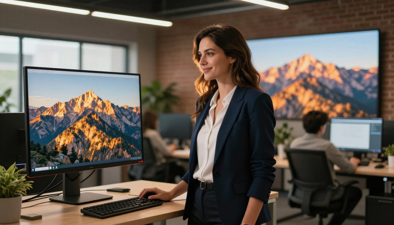A confident professional woman at a modern office workstation watching an AI-generated video on a large monitor