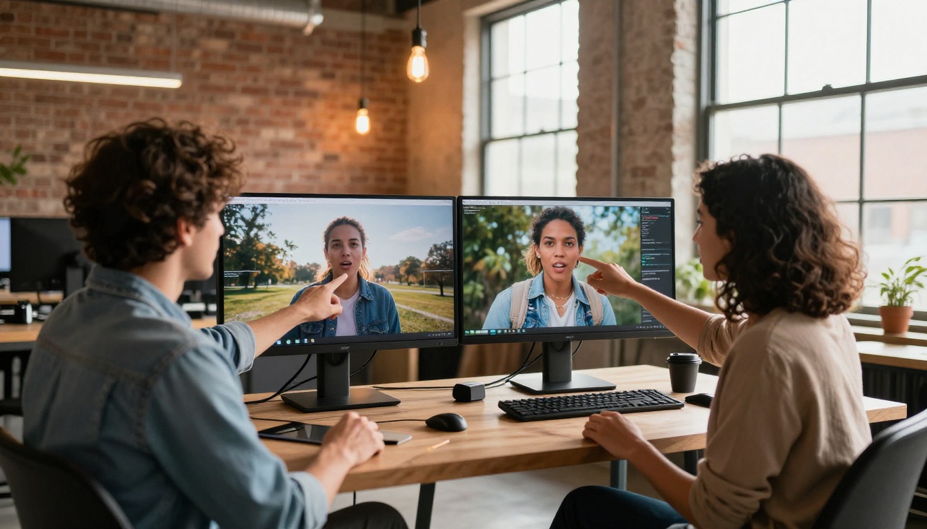 Three creative professionals discussing AI video outputs on a large studio monitor, warm afternoon light backlighting from factory windows, candid collaborative scene