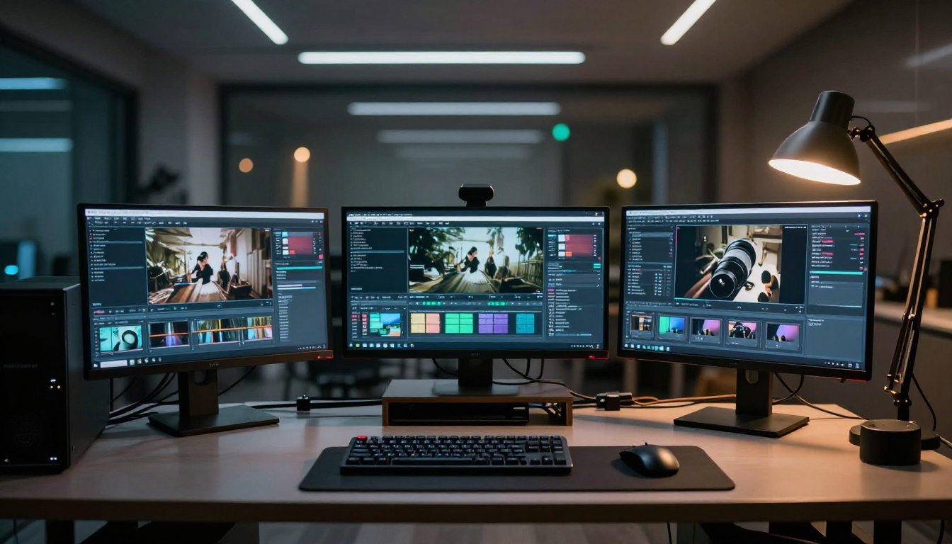 A professional video production setup with multiple monitors showing AI video generation interfaces