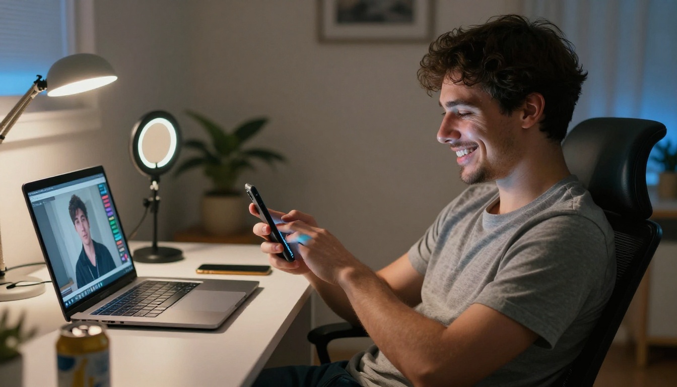 A young man at his home desk looking satisfied at a completed AI video on his phone A young man at his home desk looking satisfied at a completed AI video on his phone