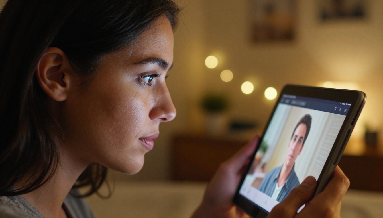 A woman holding a tablet with dramatic screen lighting watching an AI video in a cozy room A woman holding a tablet with dramatic screen lighting watching an AI video in a cozy room