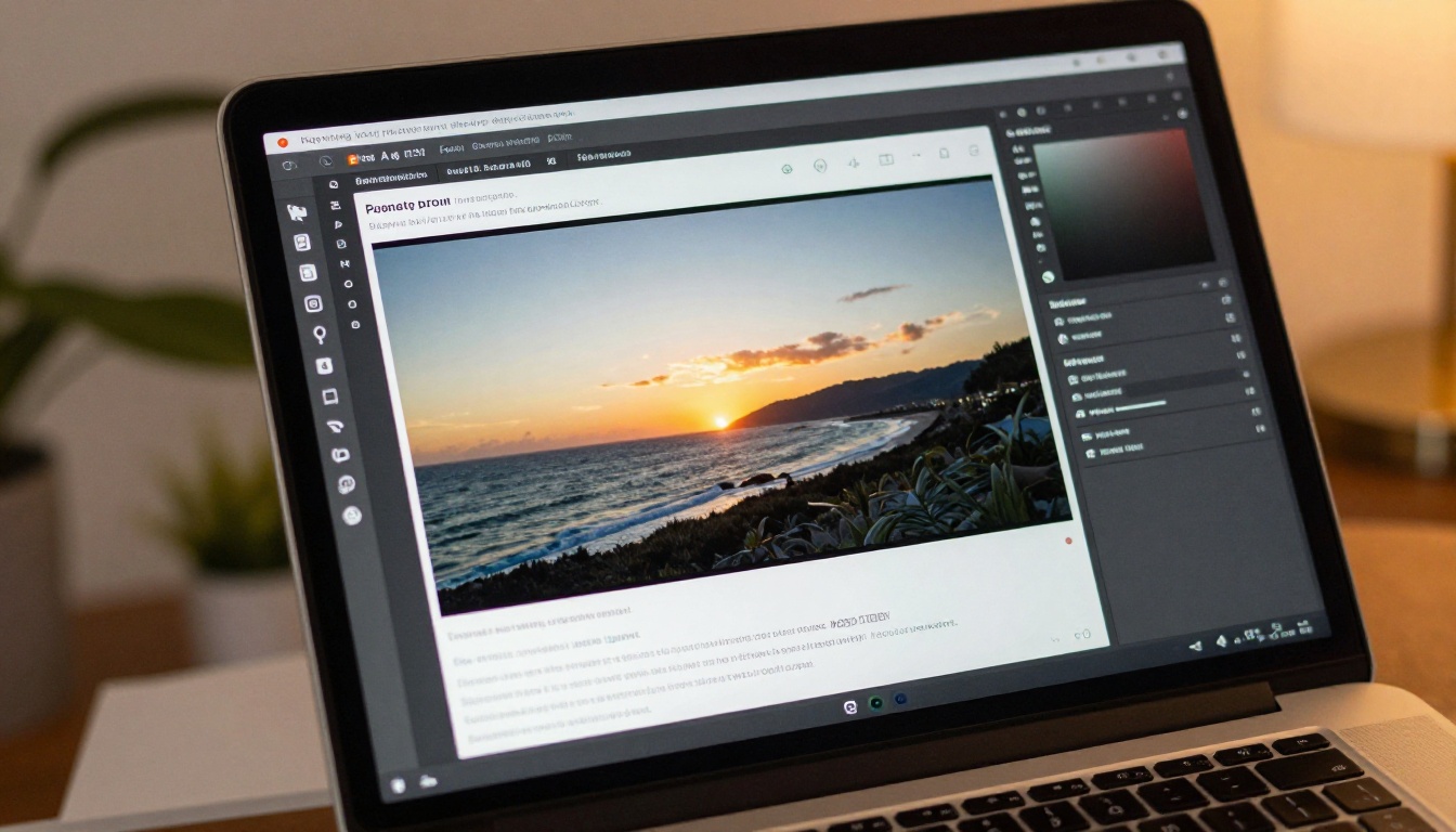 A close-up of a laptop screen showing an AI video generation platform interface with settings and a sunset video thumbnail A close-up of a laptop screen showing an AI video generation platform interface with settings and a sunset video thumbnail