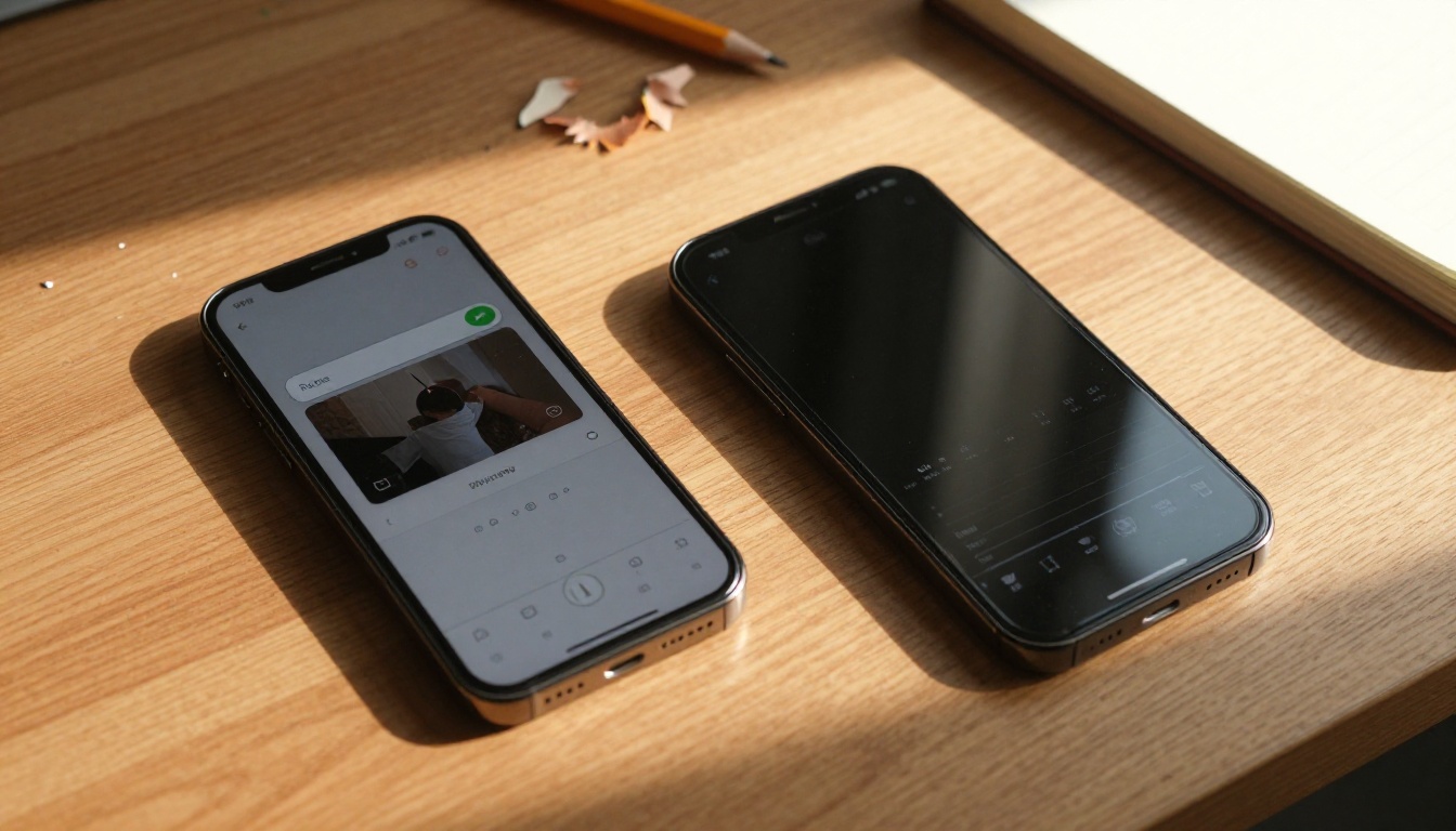 Two smartphones side by side on wooden desk showing video progress comparison