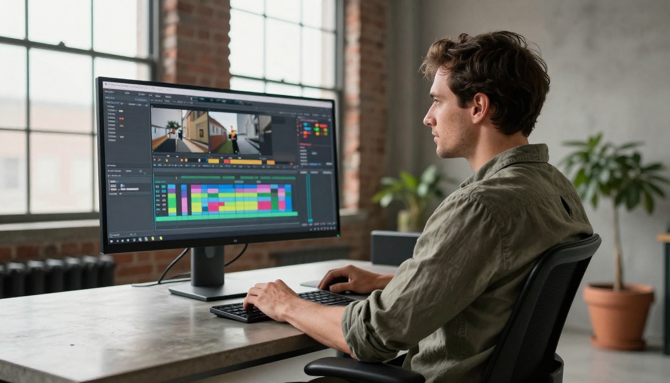 Creator in studio workspace with video editing timeline on monitor
