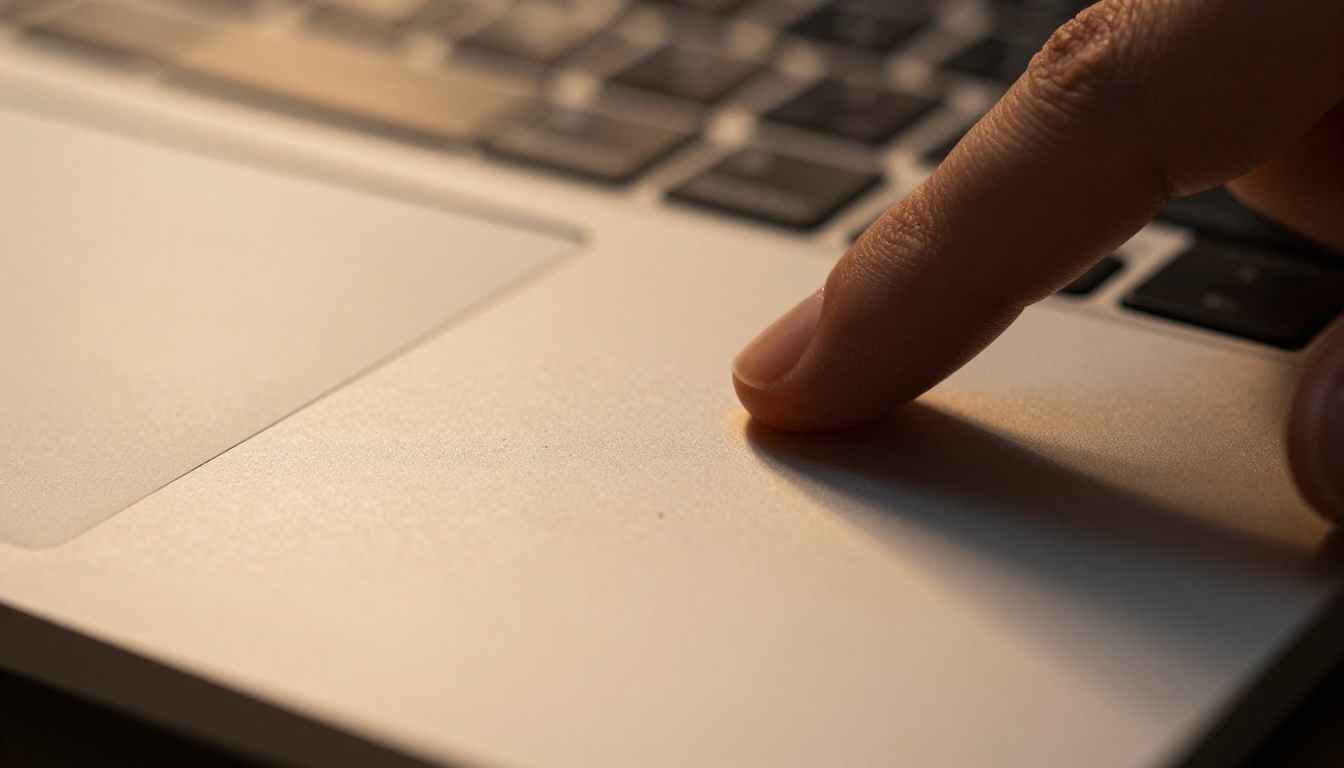 Extreme close-up of fingertip pressing laptop trackpad with blurred keyboard in soft bokeh