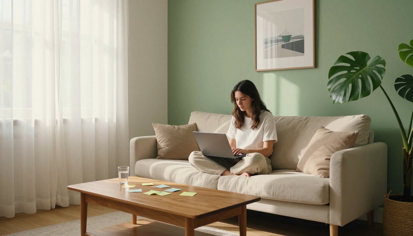 Young woman with natural hair sitting cross-legged on cream sofa with laptop in sunlit living room