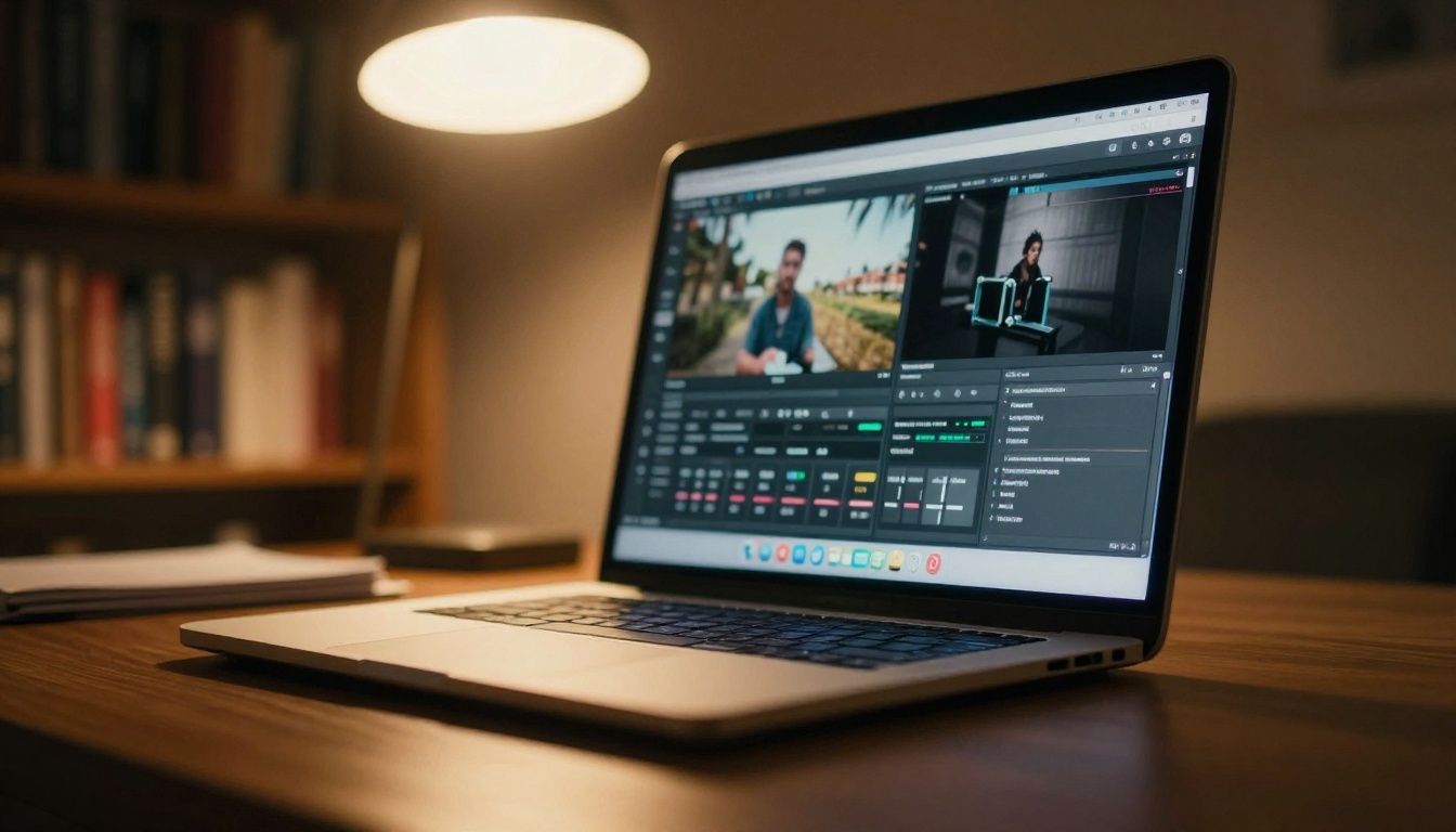 Low angle view of laptop screen showing two-column AI video settings interface