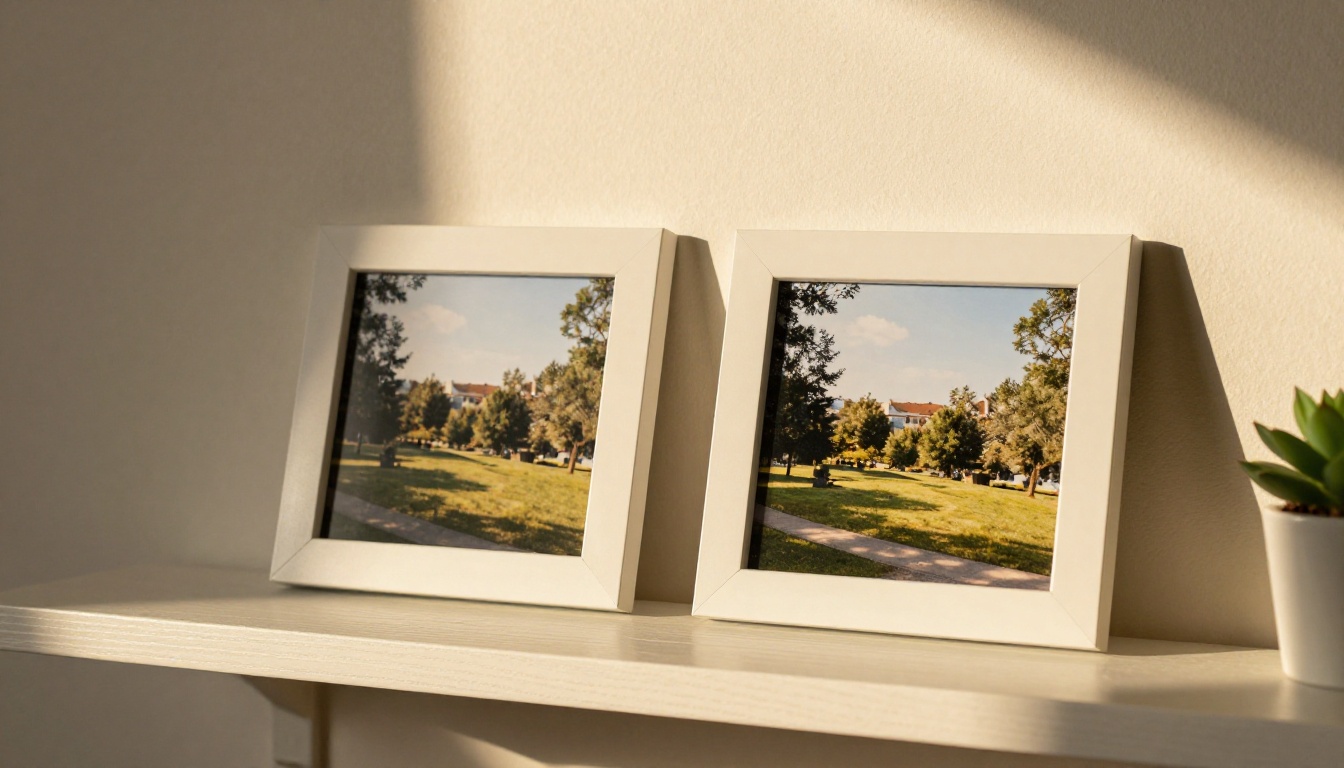 Two framed photo prints on shelf comparing image resolution and sharpness quality