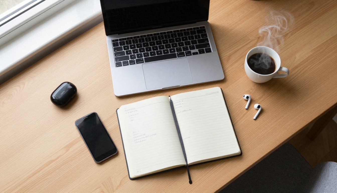 Aerial flat lay view of creative workspace with laptop, planner, coffee mug, and earbuds on birch desk