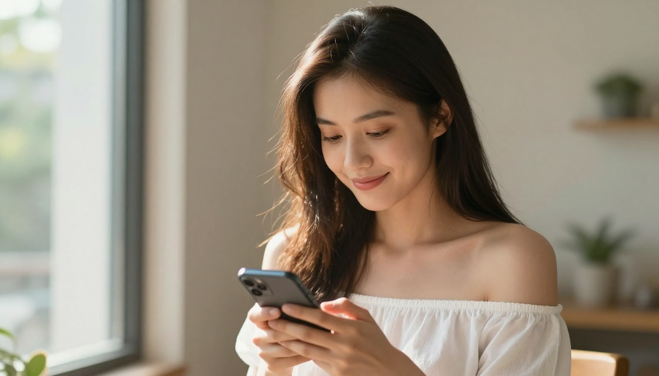 Young woman holding smartphone with satisfied expression near window with natural backlighting