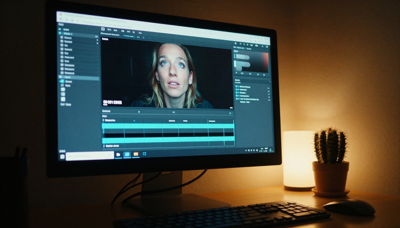 Low angle view of desktop monitor glowing in dim home office with keyboard in foreground