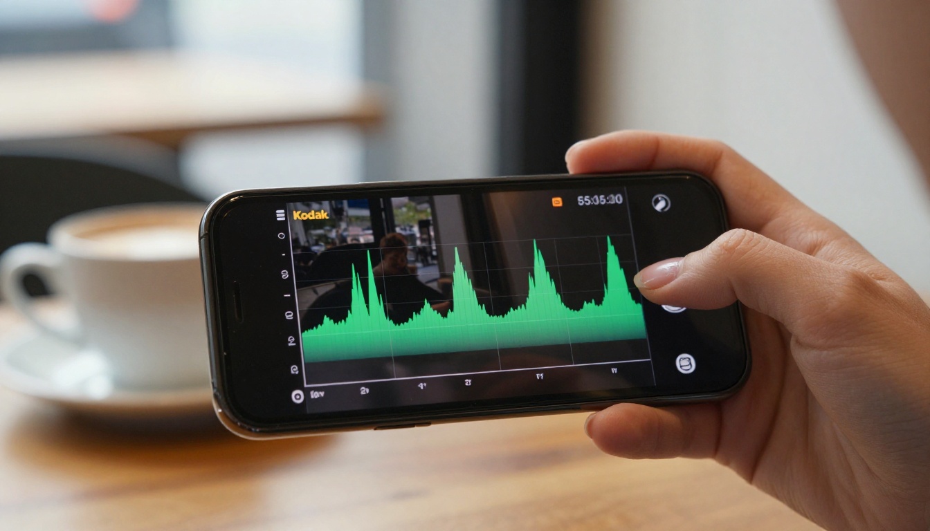 AI video creator reviewing content on smartphone with audio waveform visible on screen