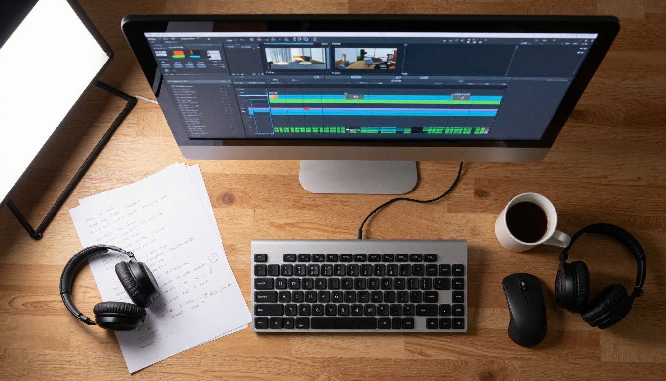 Overhead aerial flat-lay of professional video editing workspace with keyboard, notes, coffee and headphones on oak desk