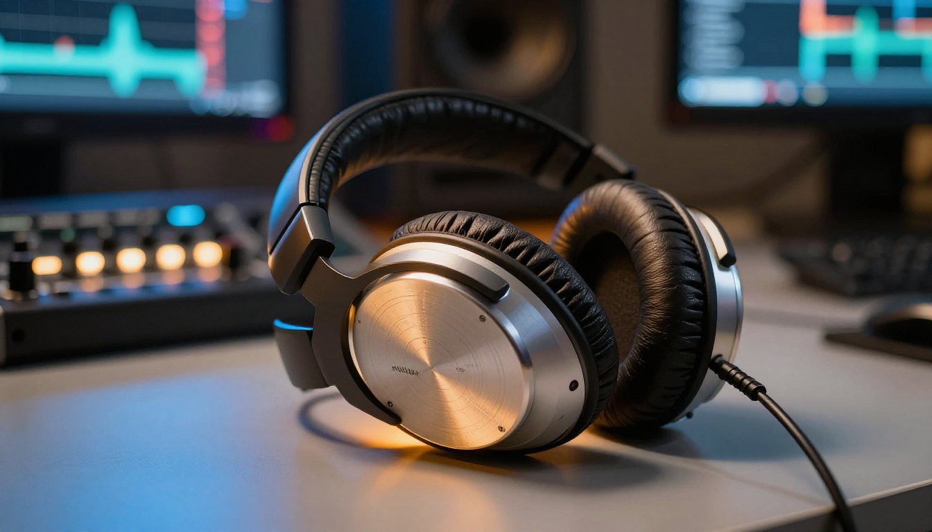 Professional studio headphones beside audio interface with warm tungsten rim lighting and waveform monitor in background