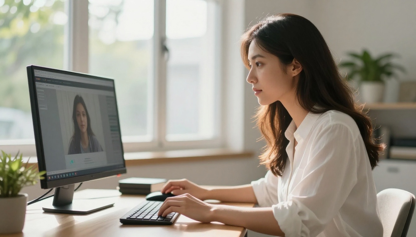 Young woman at bright home office desk reviewing AI video content on large monitor with warm backlit window light