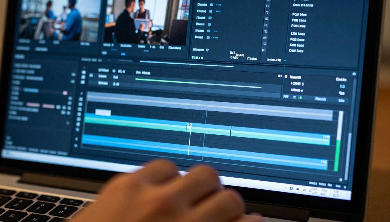 Laptop screen close-up showing video editing timeline with smooth motion clips arranged in sequence and editor's hand reaching toward trackpad Laptop screen close-up showing video editing timeline with smooth motion clips arranged in sequence and editor's hand reaching toward trackpad