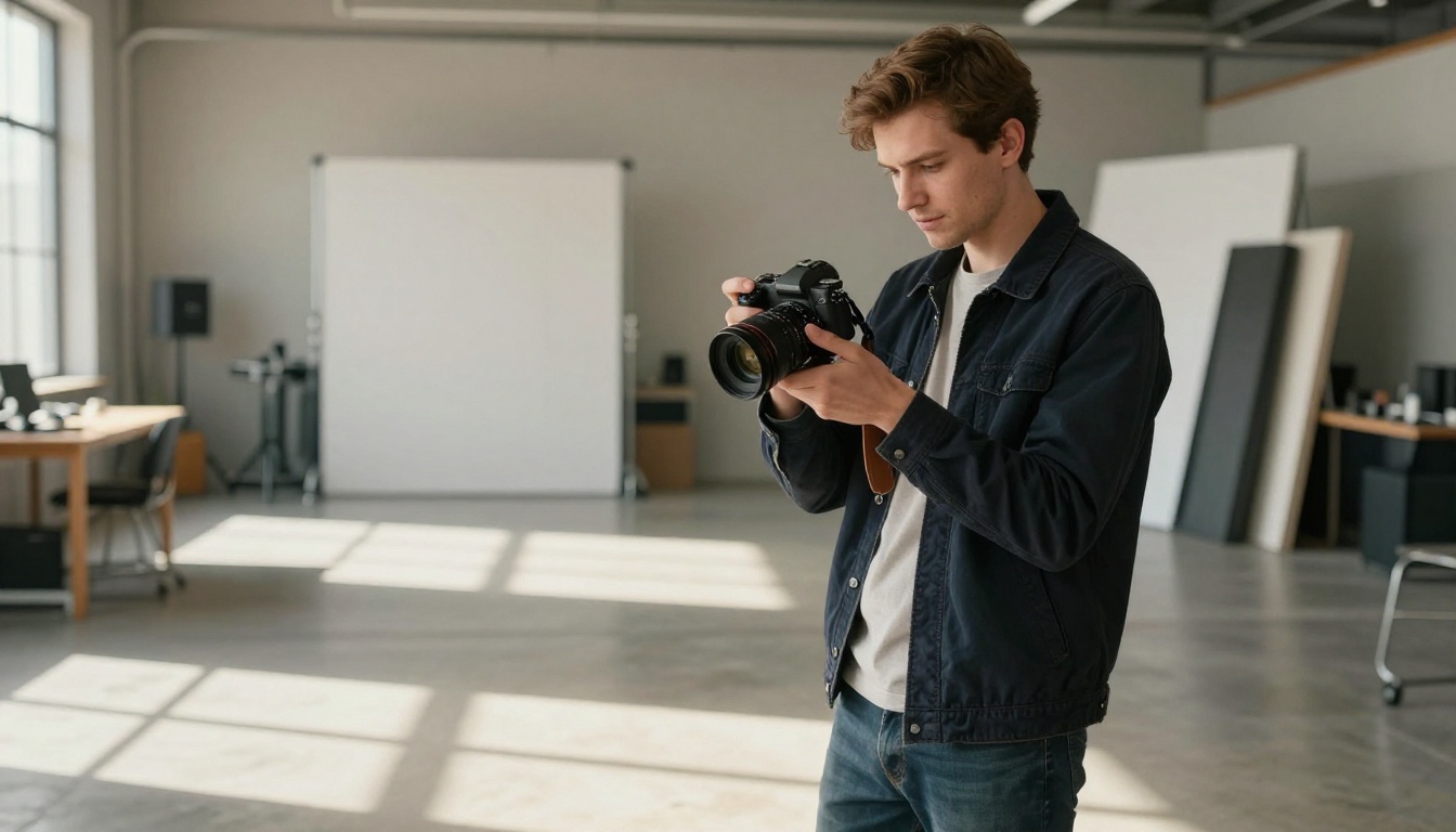 Young male filmmaker standing in daylit studio holding mirrorless camera reviewing footage on flip screen