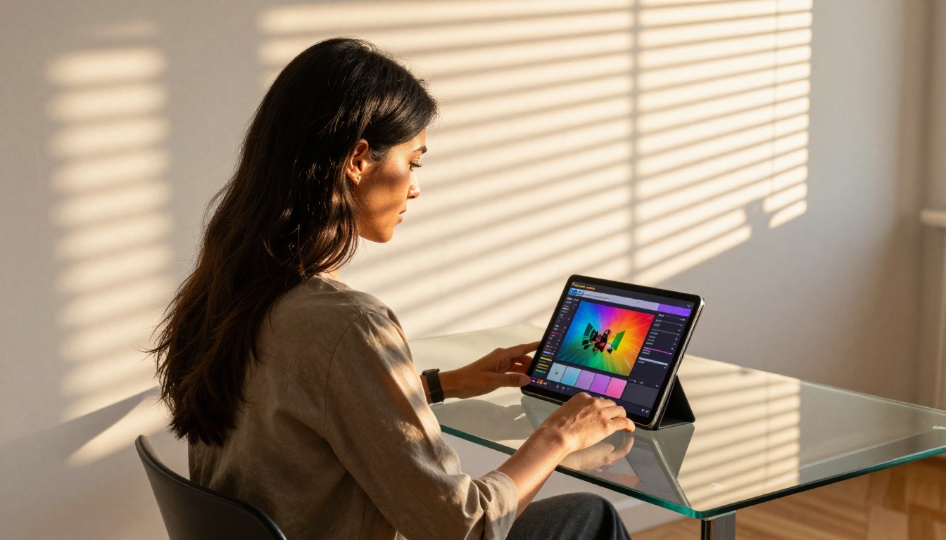 Woman in profile at glass desk reviewing AI video interface on tablet in golden hour light through venetian blinds Woman in profile at glass desk reviewing AI video interface on tablet in golden hour light through venetian blinds