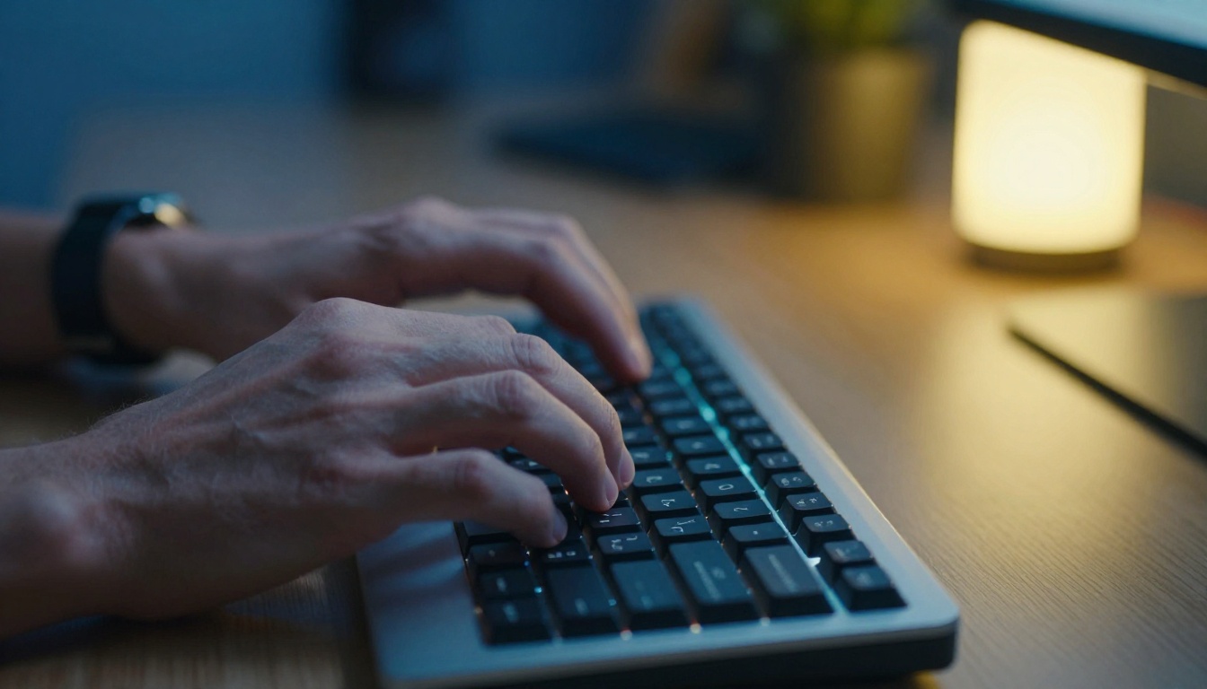 Close-up of hands typing on mechanical keyboard with split warm and cool lighting and monitor glow in background Close-up of hands typing on mechanical keyboard with split warm and cool lighting and monitor glow in background