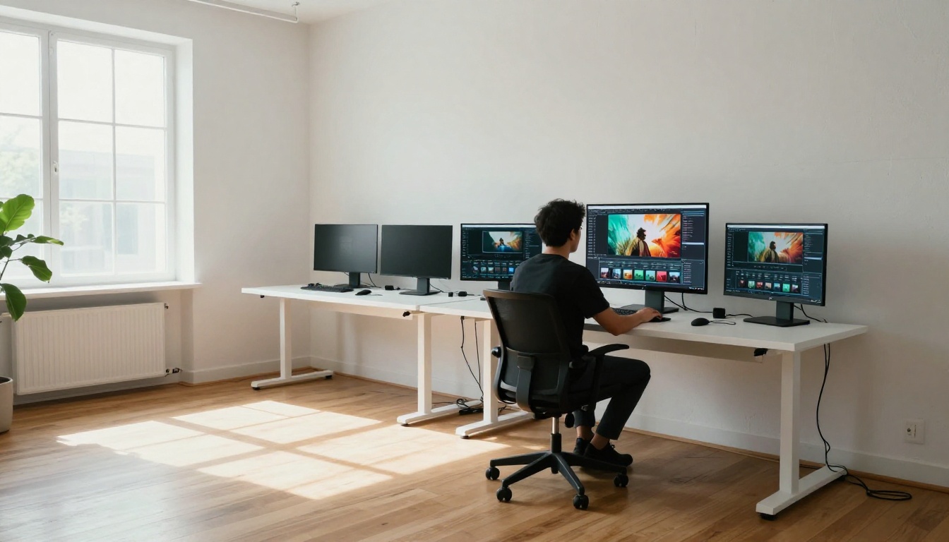 Wide minimalist creative studio interior with creator silhouetted against bright window wall reviewing large video reel display Wide minimalist creative studio interior with creator silhouetted against bright window wall reviewing large video reel display