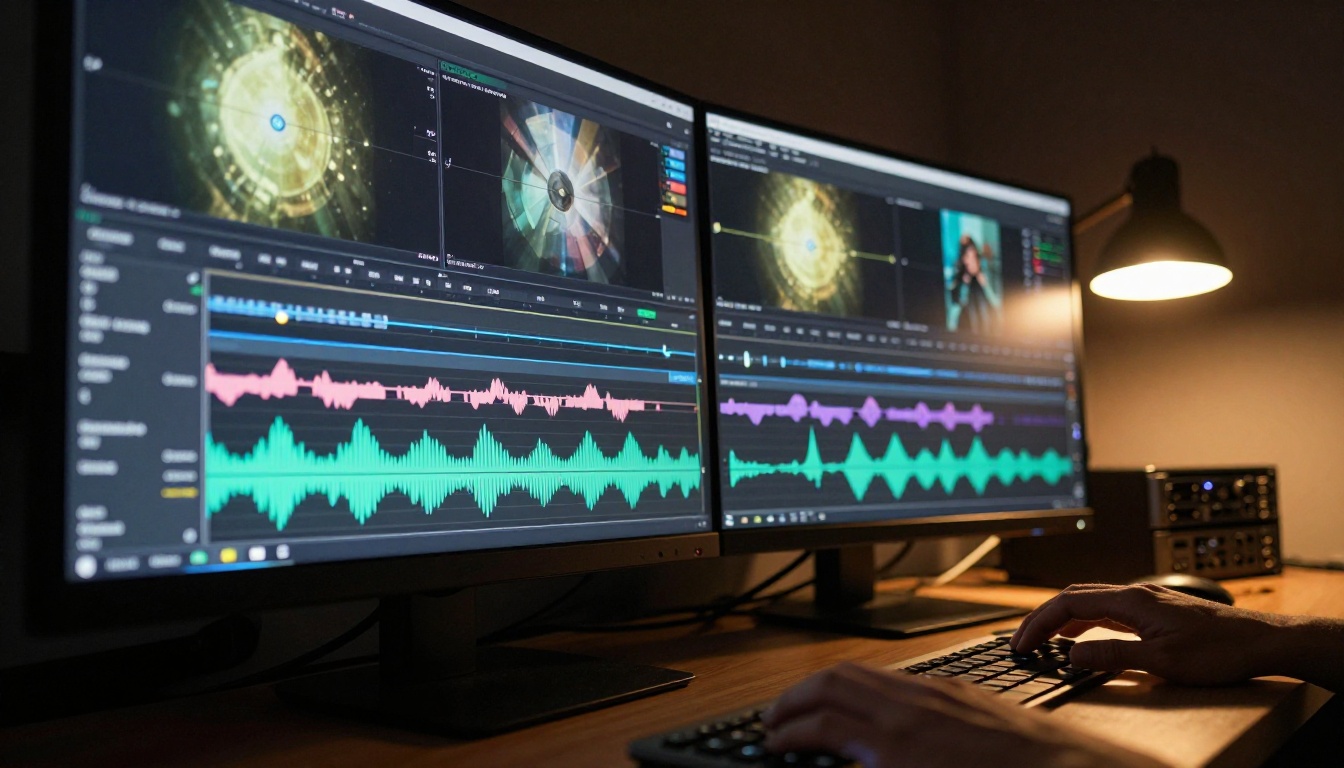 Professional video editing timeline displayed on large curved monitor in dark post-production suite