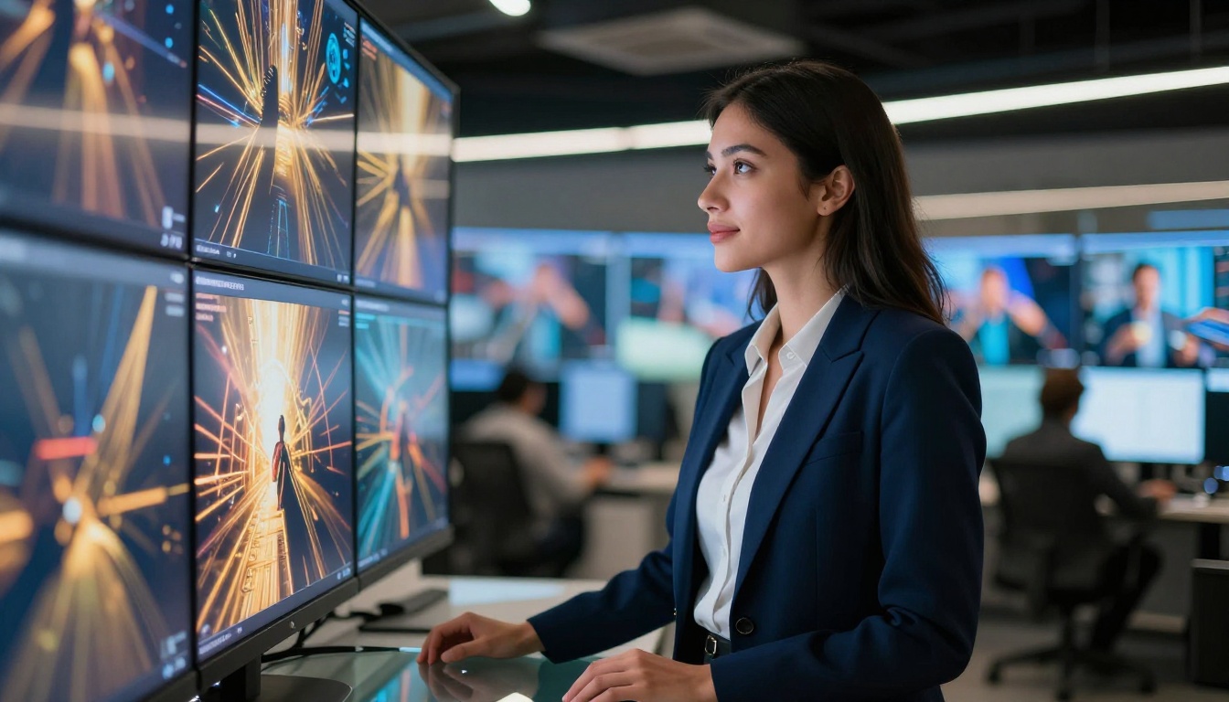 Professional woman reviewing AI-generated video content on large LED wall screens