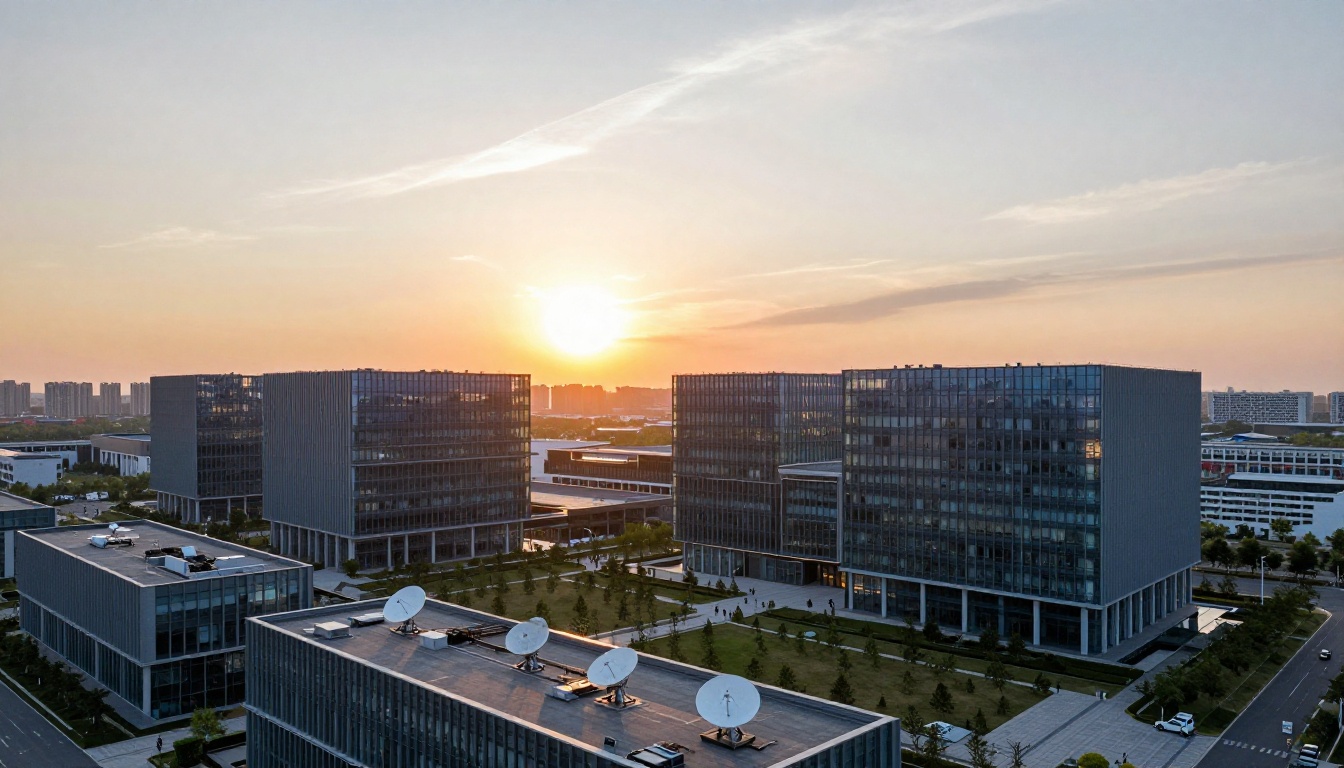 Aerial drone view of modern glass-and-steel tech campus at golden hour