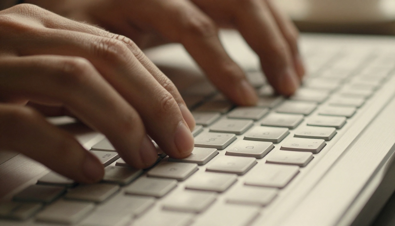 Macro close-up of hands typing on mechanical keyboard with tungsten light reflections