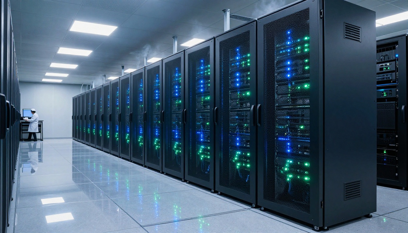 AI data center server racks with blue and green indicator lights creating mirror reflection on epoxy floor